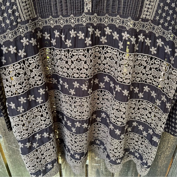 Johnny Was Brown Cupra Rayon Eyelet Lace & Embroidered Long Sleeve Tunic Sz M - Picture 6 of 16